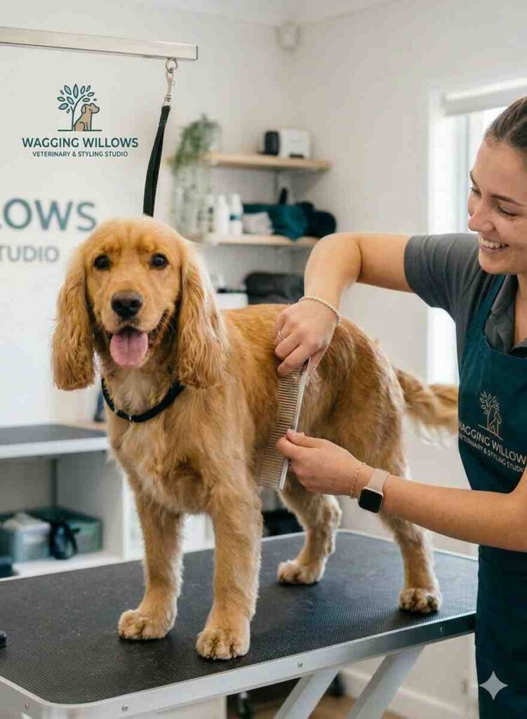 A professional groomer brushing a golden Crocker spaniel at Wagging Willows styling studio